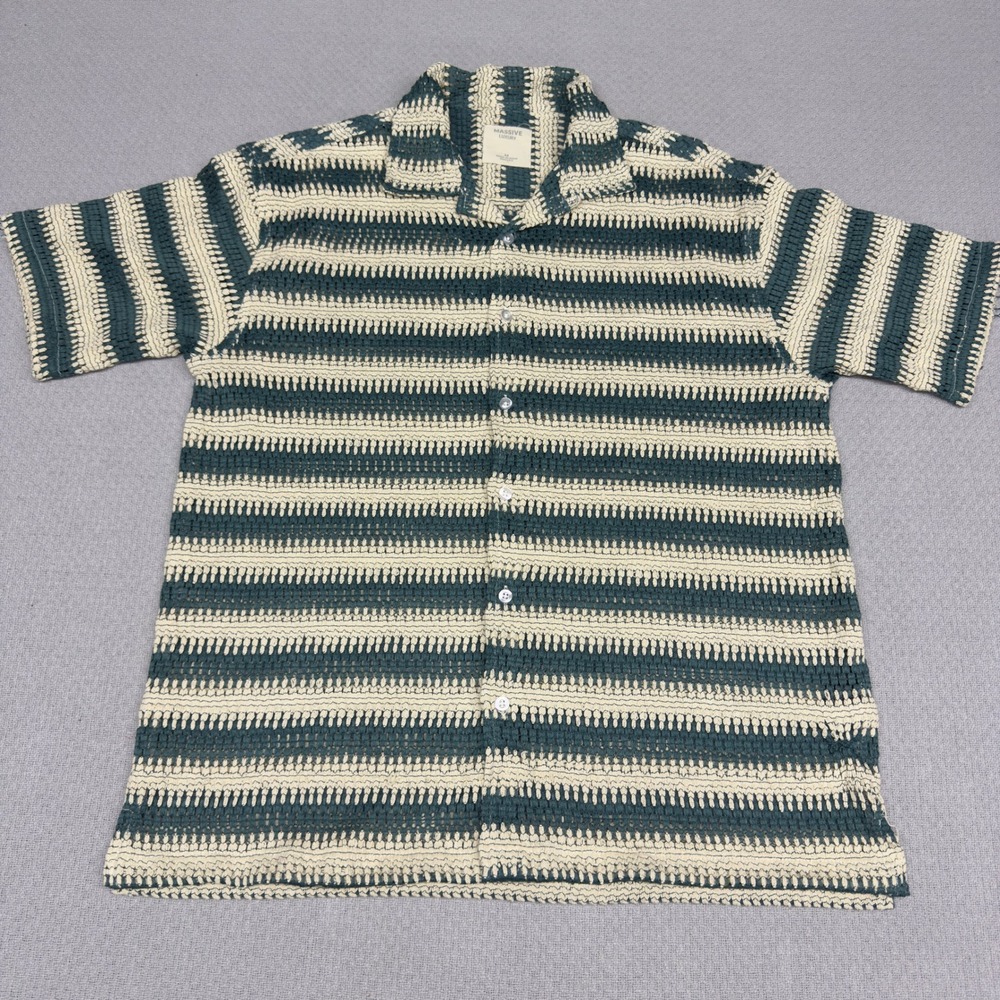 Massive Luxury Mens Green Cream Striped Open Knit Crochet Camp Shirt Medium
